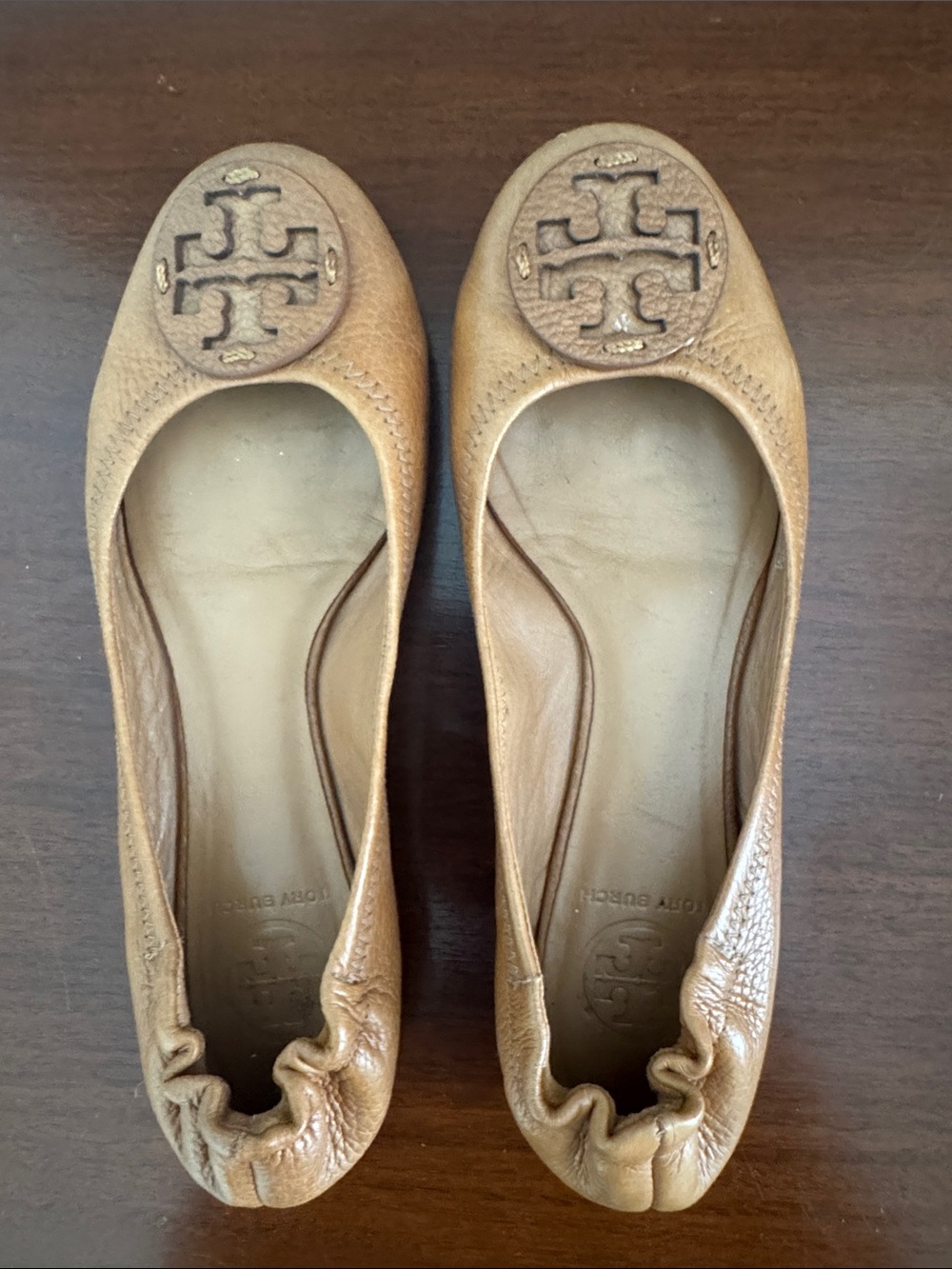 Tory Burch Camel/Tan Leather Logo Ballet Flats